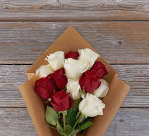 Dozen White & Red Roses - Blooms In Bloom